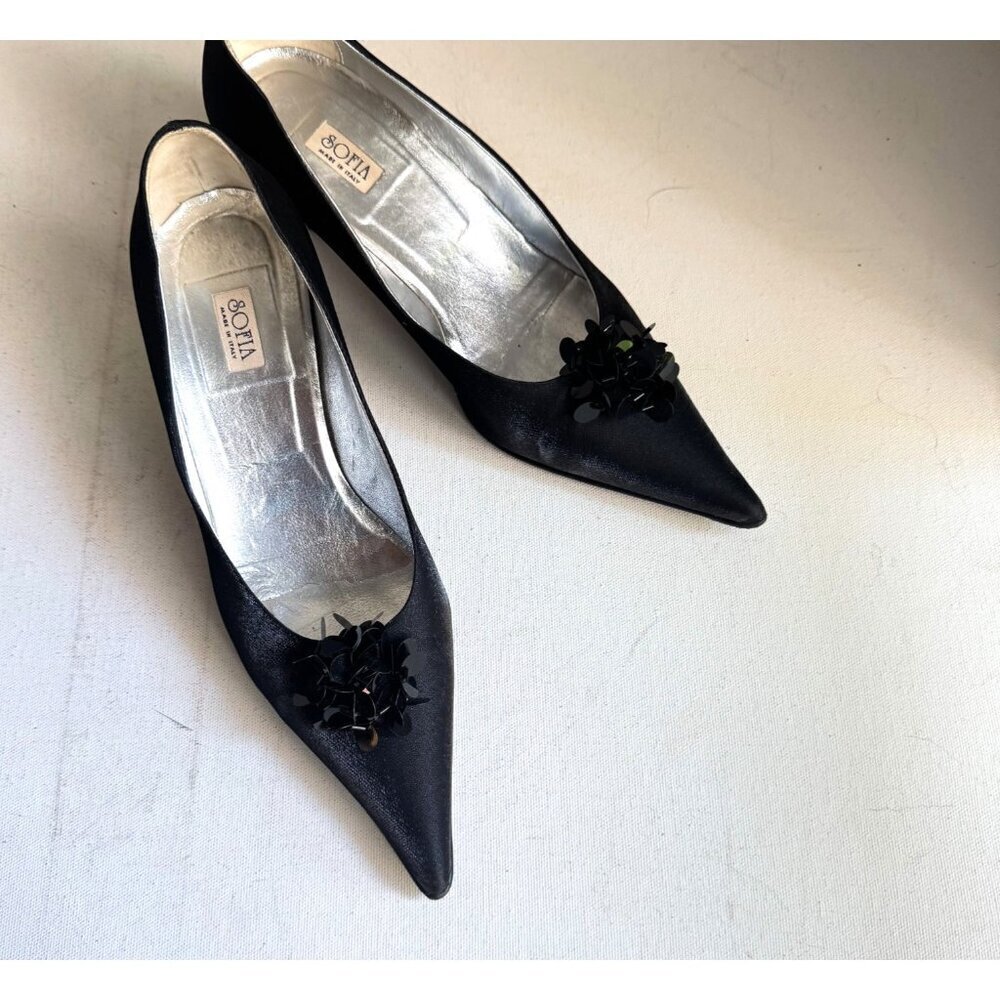 Vintage Sofia Black Satin Pointy Toe Sequin Accent Kitten Heel Hells 36